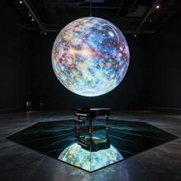 a large scale public art installation. big mirror floor reflect piano on center and single big suspended sphere with projected space visuals on it inside giant and dark venue.
