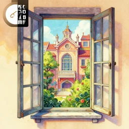 a painting beautiful window open, digital illustration, colorful architectural drawing, watercolor painting, behance contest winner, vintage, native art, trend in behance hd, 2 d game art, detailed painting