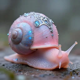 natural light, soft focus portrait of a cyberpunk anthropomorphic snail with soft synthetic pink skin, blue bioluminescent plastics, smooth shiny metal, elaborate ornate head piece, piercings, skin textures, by annie leibovitz, paul lehr