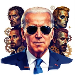 portrait of joe biden with sunglasses as a psychopath stars stripes doom eternal with detailed faces enchanted psychedelic wide angle shot white background vector art illustration gears of war illustration gta 5 artwork of joe biden, in the style of gta 5 loading screen, by stephen bliss by hieronymus bosch and frank frazetta