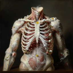 still life of anatomical painting of ribbed human, covered with white meat and flowers, dream - like, baroque portrait painting, perfect composition, beautiful detailed intricate detailed octane render, unreal engine 5, trending on artstation, 8 k, photorealistic, volumetric cinematic perfect light, chiaroscuro, masterpiece, raphael, caravaggio, beksinski, giger