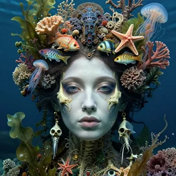 hyperrealistic detailed underwater face portrait of the beautiful goddess of the fish skeletons with an intricate headgear of corals, sea kelp, sea plants, fish, starfish, jellyfish, art by ernst haeckel, john william godward, android jones, alphonso mucha, h. r. giger, gothic - cyberpunk, ornamental, beautiful deep colours,