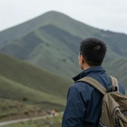 a man looking at a distant mountain