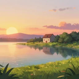 a serene landscape with a singular building near a lake at sunset, anime style, 8k, low saturation, high quality, high detail, cartoon