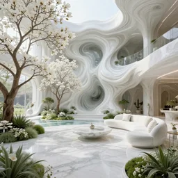 highly detailed villa garden natural beautiful light interior soft cinematic composition of a smooth porcelain biophilic stone nebula fluid white magnolias surreal scifi architecture cyberpunk giger landscape, furniture, trees, grass, bed of flowers, water, marble, vincent callebaut composition, 8 k, unreal engine, hdr