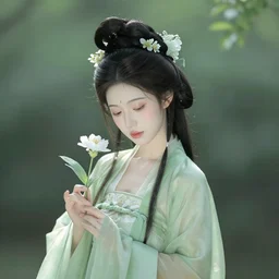 flower fairy woman of hanfu hairstyle, pale skin, by luis royo and miho hirano, green color