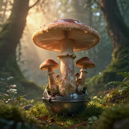 a beautiful render of a mushroom growing out of a metal sphere in a rainforest, sunset lighting, intricate detail, hazy, humid, volumetric lighting, god rays, 8 k, photorealistic, raytracing effects, unreal engine 5