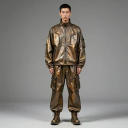a full body portrait of asian bonze wearing cargo streetwear - sporty, sleek, tech utility - lots of zippers, pockets, synthetic materials, chic'techno fashion trend by issey miyake and balenciaga, softlight, photorealistic, art by artgerm and greg rutkowski