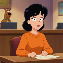 Stunning Scene of Velma Dinkley wearing her iconic orange sweater from Scooby Doo in court for falsely accusing someone of being a criminal. Pixiv, artstation