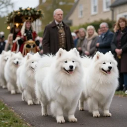 the great victorian samoyed parade, beautiful, soft lighting, artstation, storybook,