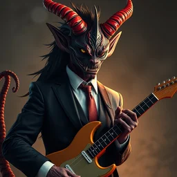 beautiful giesha demon + wearing a suit + holding a guitar and samurai sword + with a lizards tail, innovative avant - garde art, deco fashion, photorealistic portrait, crisp quality and light reflections, confident, clean linework, finely detailed, 4 k, trending on artstation, volumetric lighting, octane render