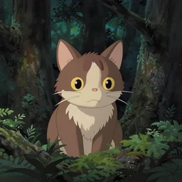 a cat with a human face lurking in the deep darkness of the forest, studio gibli