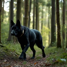 a beautiful black dog walking away in the forest by sylvain sarrailh