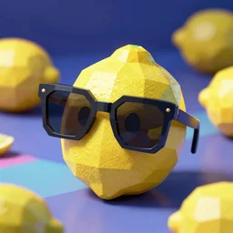 lemon with sunglasses, low polygon, colourful, vaporwave