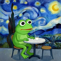 starry night with pepe the frog sitting at a cafe table by vincen van gogh