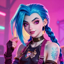 a digital art portrait of Jinx from League of Legends,by tristan eaton,Stanley Artgermm,Tom Bagshaw,Greg Rutkowski,Carne Griffiths,trending on pinterest,face enhance,Cyberpunk,chillwave,maximalist,full of color,glittering