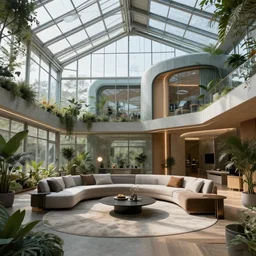 residential living room inside enormous greenhouse, cyberpunk architecture, interior view digital detailed matte painting