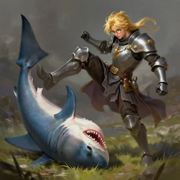 blond knight with glasses kicking a shark, fallen on its face, fantasy, digital painting, dramatic lighting, vibrant setting, realistic shading, unreal engine 5, concept art, ultra detailed, trending artstation