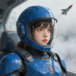 portrait of bluepunk armor airforce girl, helmet, inside fighter control room, missile at sky, fog, highly detailed, digital painting, face detail, sharp focus, art, illustrations by loish and ayanamikodon and irakli nadar and rossdraws and wlop