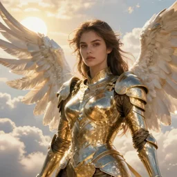 A beautiful fierce photogenic angel wearing metallic battle armor, posing heroically with heavenly sunlit clouds in the background, close-up shot, elegant, digital painting, golden hour, cinematic, epic, trending on artstation, concept art, smooth, sharp focus, illustration, art by artgerm and Greg Rutkowski and Alphonse Mucha
