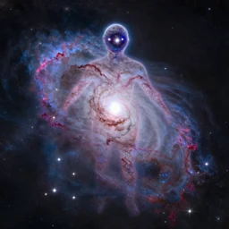 nebula with the shape of a human body, stars as eyes, astrophotography, colorful