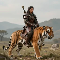 fantasy character portrait, leather armor male ranger riding a tiger, ultra realistic, wide angle, intricate details, sharp focus, highly detailed