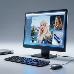 futuristic computer that has ai generated image module that can make any type of image, product display, photograph 2 0 0 8