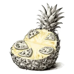 storybook illustration of a pineapple slice with tiny pizzas on top, storybook illustration, monochromatic