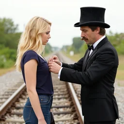 man with top hat and moustache tying a young pretty blonde woman to railroad tracks