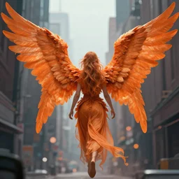 angel with large orange wings, view from the back, detailed urban fantasy digital art, trending on artstation