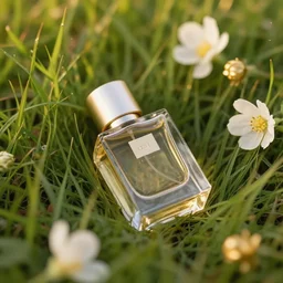 perfume bottle lying in the green grass with white and gold flowers, birdseye view, golden hour close shot, softly - lit, soft - warm, zen, light, modern minimalist f 2 0 clean
