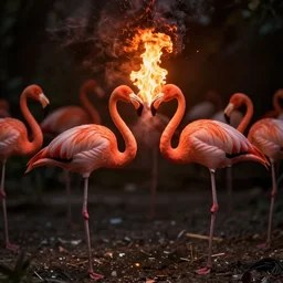 flamingo exhaling fire, flame, fire, flamingo, photo realistic, dramatic lighting