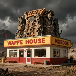 a matte painting of a waffle house in Mordor