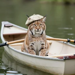 a bobcat in a rowboat wears a baggie hat and has its hand on its hip, the boat is half full of water but the bobcat seems at ease