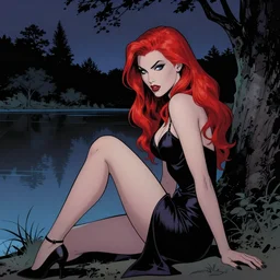 a beautiful comic book illustration of a vampire woman with long red hair sitting near a lake at night by alex ross, featured on artstation