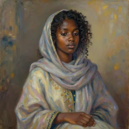 brown skinned somali woman, curly hair, somali attire, dreamy, impressionist, figurative