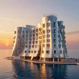 a beautiful very detailed rendering of deck architecture by frank gehry, sunset retrowave futuristic water, archdaily, wallpaper, highly detailed, trending on artstation.