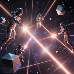 futuristic spacemen firing lasers in zero gravity, skintight suits, floating polygon shapes as obstacles, surrounded by a laser grid, unreal engine, lensflare, glow, bloom, neon