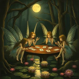 a group of gracious fairies!!!!! playing cards on a table in an atmospheric moonlit forest next to a beautiful pond filled with water lilies, artwork by ida rentoul outhwaite