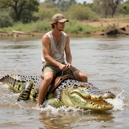 photo of kyle funkhouser, riding a crocodile, splashing in an African river, realistic photo