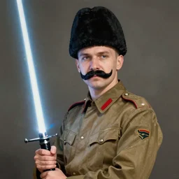 portrait photo of russian man in khaki military tunic wearing high black wool hat with black moustache and shaved chin, holding a lightsaber, no beard, handsome, highly detailed, digital painting, artstation, concept art, smooth, sharp focus, illustration, art by gaston bussiere and alphonse mucha