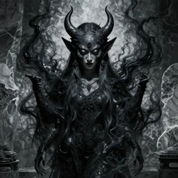 naraka buddhist demon korean female, surrounded by black energy, dystopian surrealism, beksinski, symmetrical long head, smooth marble stone surfaces, deep aesthetic