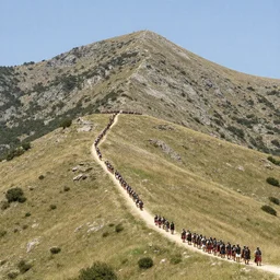 the roman army marching up a mountain, photo taken from 1 mile away.