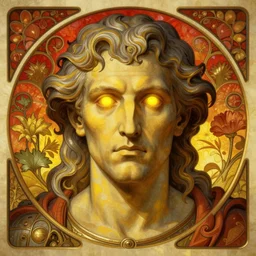 the god hephaestus, old man, ash hair, glowing eyes, volumetric lights, yellow and red scheme, art nouveau botanicals, gothic, intricate, highly detailed, digital painting, artstation, concept art, smooth, sharp focus, symmetric face, illustration, steampunk, art by artgerm and greg rutkowski and alphonse mucha