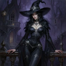painting of alluring witch in the haunted house, detailed face, messy black hair, skintight robes and leggins, hat, silver accessories, high fantasy, dnd, smooth, sharp focus, award - winning, masterpiece, extremely detailed, intricate, art by rebecca guay, rossdraws