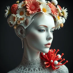 beautiful stunning biomechanical woman portrait with a smooth porcelain ivory profile face, futuristic haute couture, iris van herpin, headdress made of daisies, sponge corals, mushrooms, puffballs, red rhizomorphs, cyberpunk metallic brackets, laser cut paper lace collar, octane highly render, 8 k, epic lighting