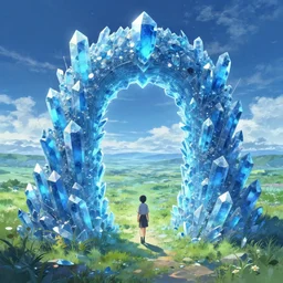an interedimensional doorway made of blue crystal, surround by a field, a fantasy digital painting by makoto shinkai and james gurney, trending on artstation, highly detailed
