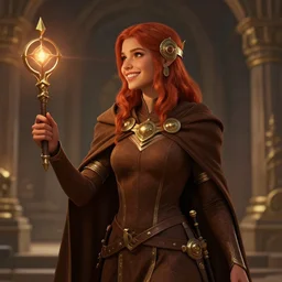 sideview of a dnd young priestess in a temple, earth attuned, brown robes, skintight, cloak, beautiful, light brown skin, red hair, happy, metallic brass accessories, spellcasting, high fantasy, detailed face, highly detailed, sharp focus, smooth, digital illustration, by clyde caldwell