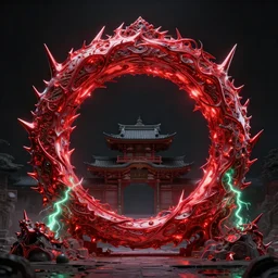 3 d photographic render of a tori gate sculpture, red bioluminescent chrometype, made of liquid metal, neotribal with thorns and green thunders, cyberpunk japanese temple, raytraced, hyper realistic, volumetric lightning, 8 k, by zhelong xu, ouchh and and innate studio