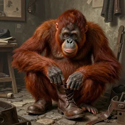 an epic matte painting of an orangutans making a pair of boots in a cobble store, in the style of algernon blackwood, highly detailed digital art, ornately detailed, muted color, photorealistic